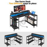 Panana L Shaped Gaming Desk with LED Lights & Power Outlets, Reversible Computer Desk with Stand & Shelves, Corner Desk Home Office Desk with USB Charging Port (Black) Panana