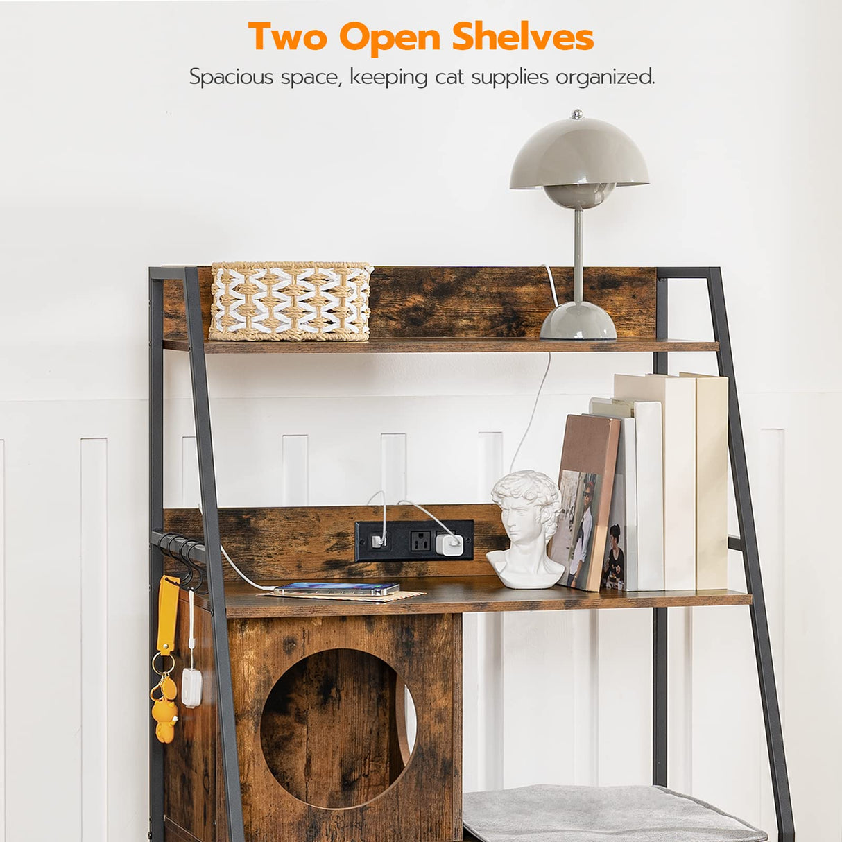 HOOBRO Litter Box Enclosure with 2 Storage Shelves, Indoor Tall Cat Litter Box Furniture Hidden with Charging Station with Cat House and Plush Mat, Rustic Brown and Black BF70UMW01 HOOBRO