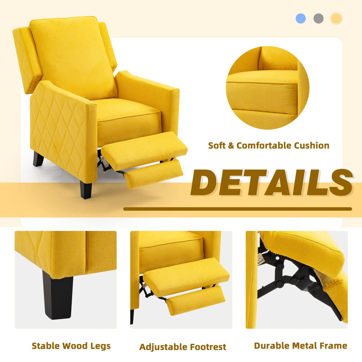 AVAWING Push Back Recliner Chair, Wing Back Chairs with Arms, Mid-Century Vintage Accent Chair for Living Room, Polyester, Yellow AVAWING
