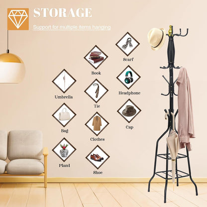 Coat Rack, Freestanding Coat Rack with 20 Hooks and 2 Storage Shelf, 14.8"L x14.8"W x 65"H Coat Tree for Clothes, Hats, Bags, Jacket, Umbrella, Home Decor for Entryway, Hallway, Bedroom, Office