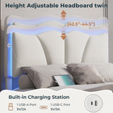 AOGLLATI Twin Bed Frame with 4 Storage Drawers & Charging Station,Upholstered Led Flower Twin Bed with Adjustable Headboard and Strong Wood Slat Support,No Spring Box Needed, Beige AOGLLATI