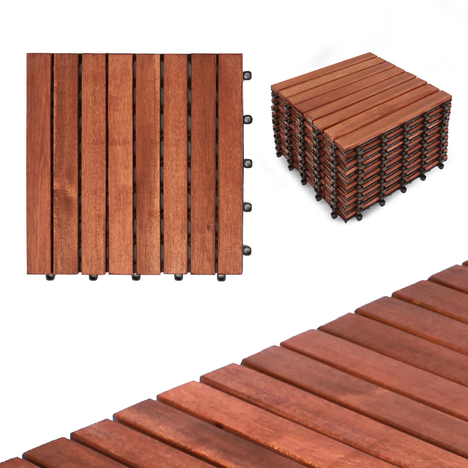 CLOVERHOLM Interlocking Deck Tiles-10PCS Waterproof Acacia Wood Patio Tiles, Easy Snap Flooring Tiles for Indoor and Outdoor,Balcony, Entry, Poolside Tiles, 12”x12” (10sq.ft per Box) (Teak) - WoodArtSupply