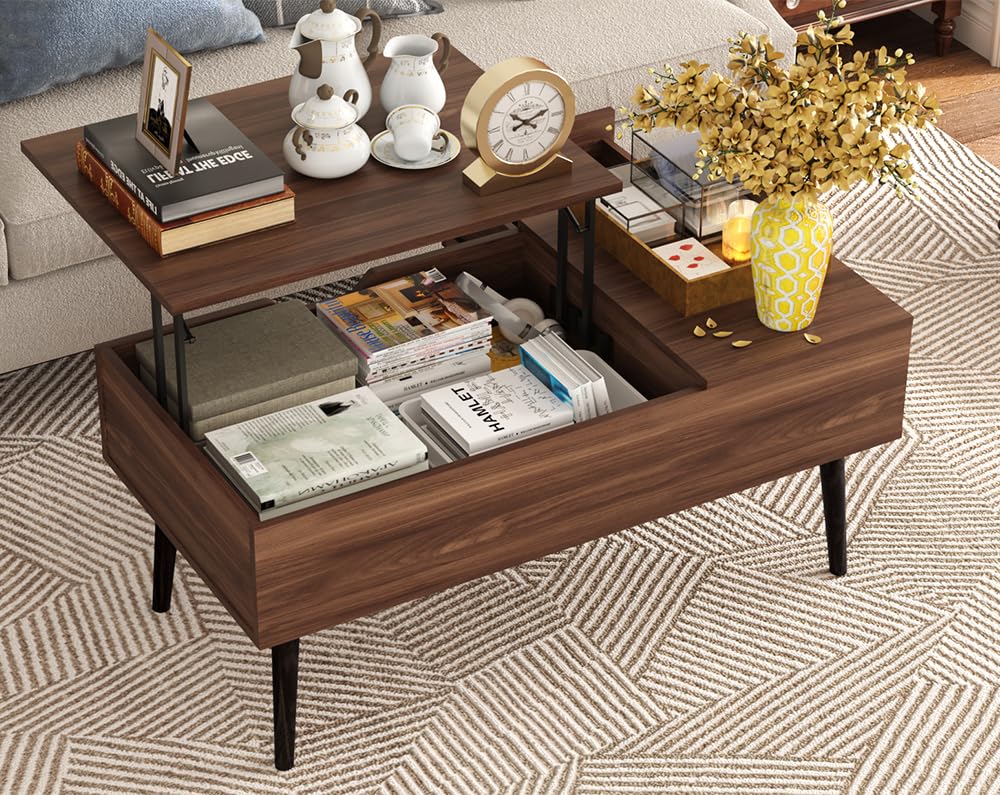 HAIOOU Lift Top Coffee Table, Mid Century Modern Coffee Tables with Drawer for Living Room, Open Storage Shelf, Walnut Cocktail Table TV Stand with Stable Pine Leg Anti-Scratching, Home, Office HAIOOU