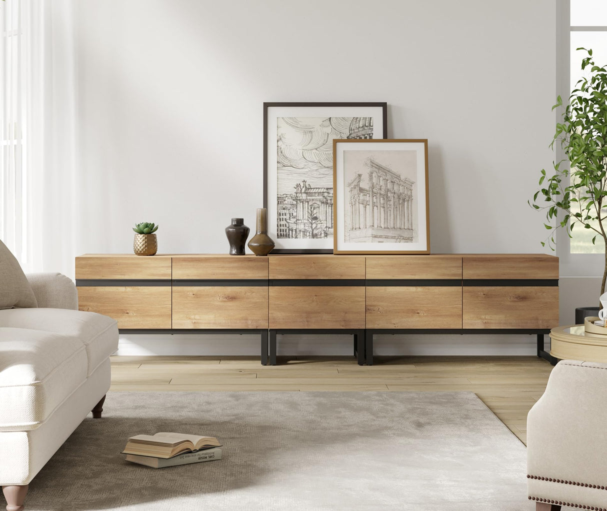 WAMPAT Modern TV Stand for TVs up to 90 inch TV, 3 in 1 Entertainment Center TV Console with Storage Cabinets and Metal Base,Media Console for Living Room, Oak,89'' WAMPAT