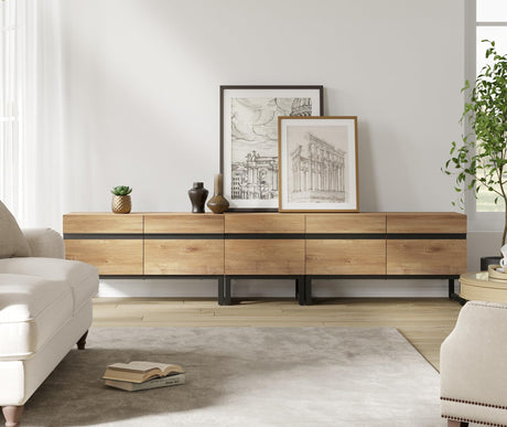 WAMPAT Modern TV Stand for TVs up to 90 inch TV, 3 in 1 Entertainment Center TV Console with Storage Cabinets and Metal Base,Media Console for Living Room, Oak,89'' WAMPAT