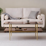 LumFurn Rectangle Coffee Table, Mid-Century Modern Design, L41 W21 x H17, for Living Room, 2-Tier Structure, Amber Glass Top and Walnut MDF Shelf, Sleek Conical Metal Legs with Gold Finish LumFurn