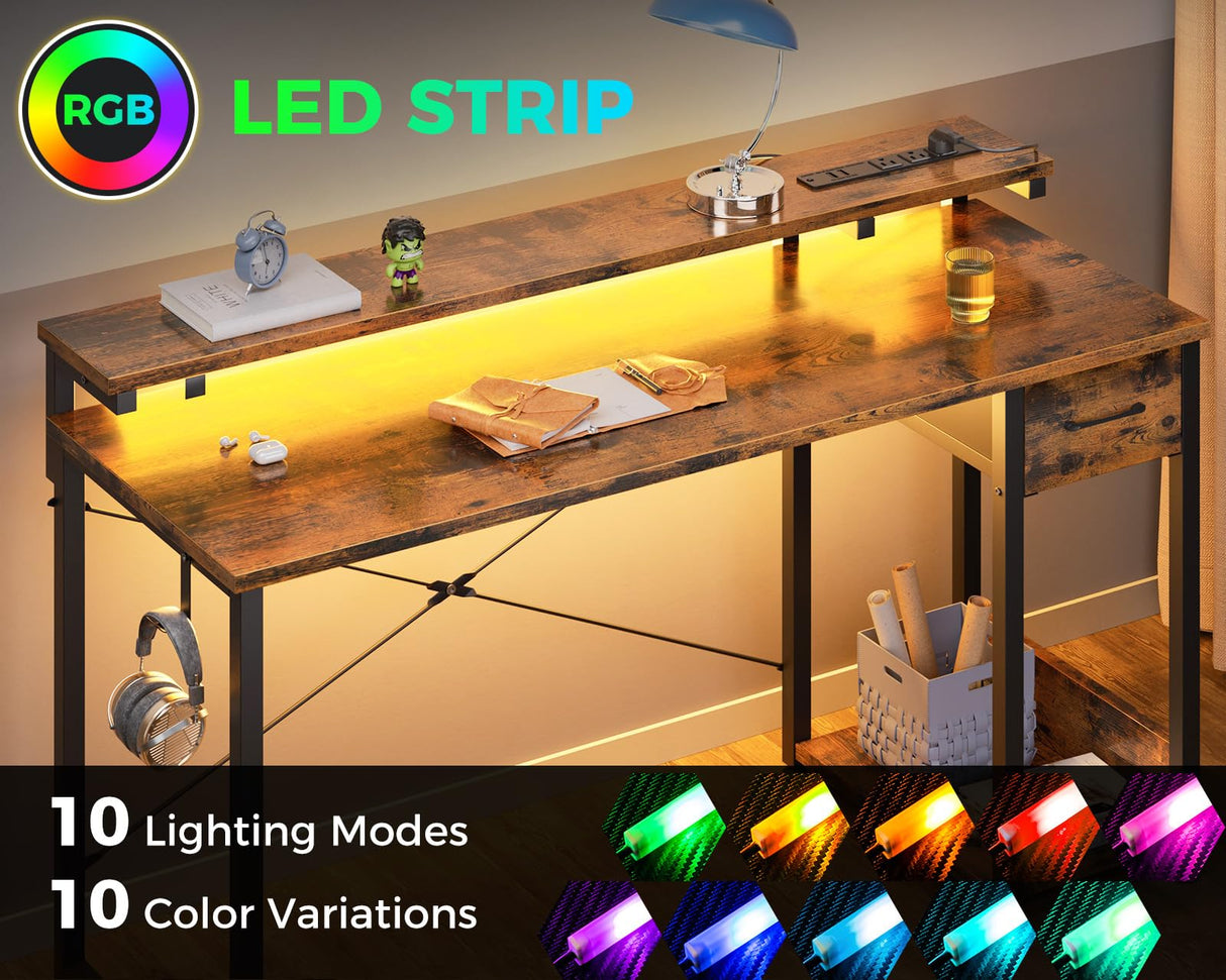 AODK Gaming Desk with LED Lights & Power Outlet, 48 Inch Computer Desk with Drawer, Reversible Desk with Adjustable Monitor Shelf & Headphone Hook for Home Office, Rustic Brown AODK