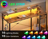 AODK Gaming Desk with LED Lights & Power Outlet, 48 Inch Computer Desk with Drawer, Reversible Desk with Adjustable Monitor Shelf & Headphone Hook for Home Office, Rustic Brown AODK