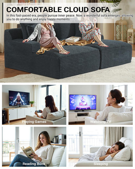 80 Inch Double Chaise Lounge Chair Indoor, Oversized Sectional Corduroy Upholstered Boneless Sofa Bed, Deep Seat Sleeper Loveseat Reading Chairs, Cloud Sofas Couches, No Assembly Required (Dark Grey) HANXIN