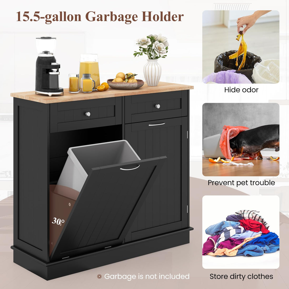MAT EXPERT Tilt Out Laundry Hamper, 15.5-Gallon Free Standing Wooden Trash Can w/Storage Drawer & Adjustable Shelf, Kitchen Waste Bins Cabinet for Laundry Room,Pet Proof Tilt Out Trash Cabinet, Black MAT EXPERT