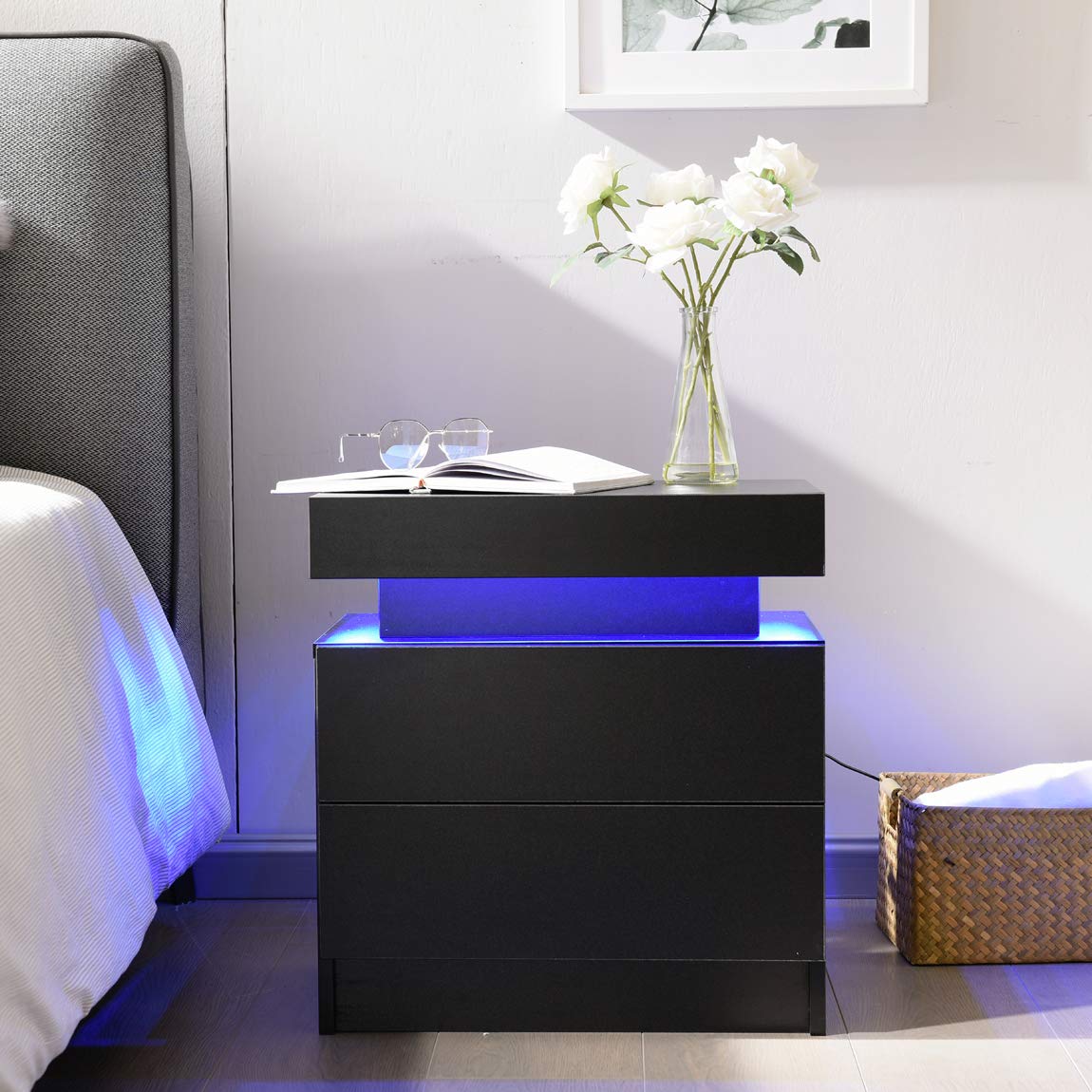 i-aplus Bedside Table with 2 Drawers, LED Nightstand Wooden Cabinet Unit with Lights for Bedroom, Living Room, Black - WoodArtSupply