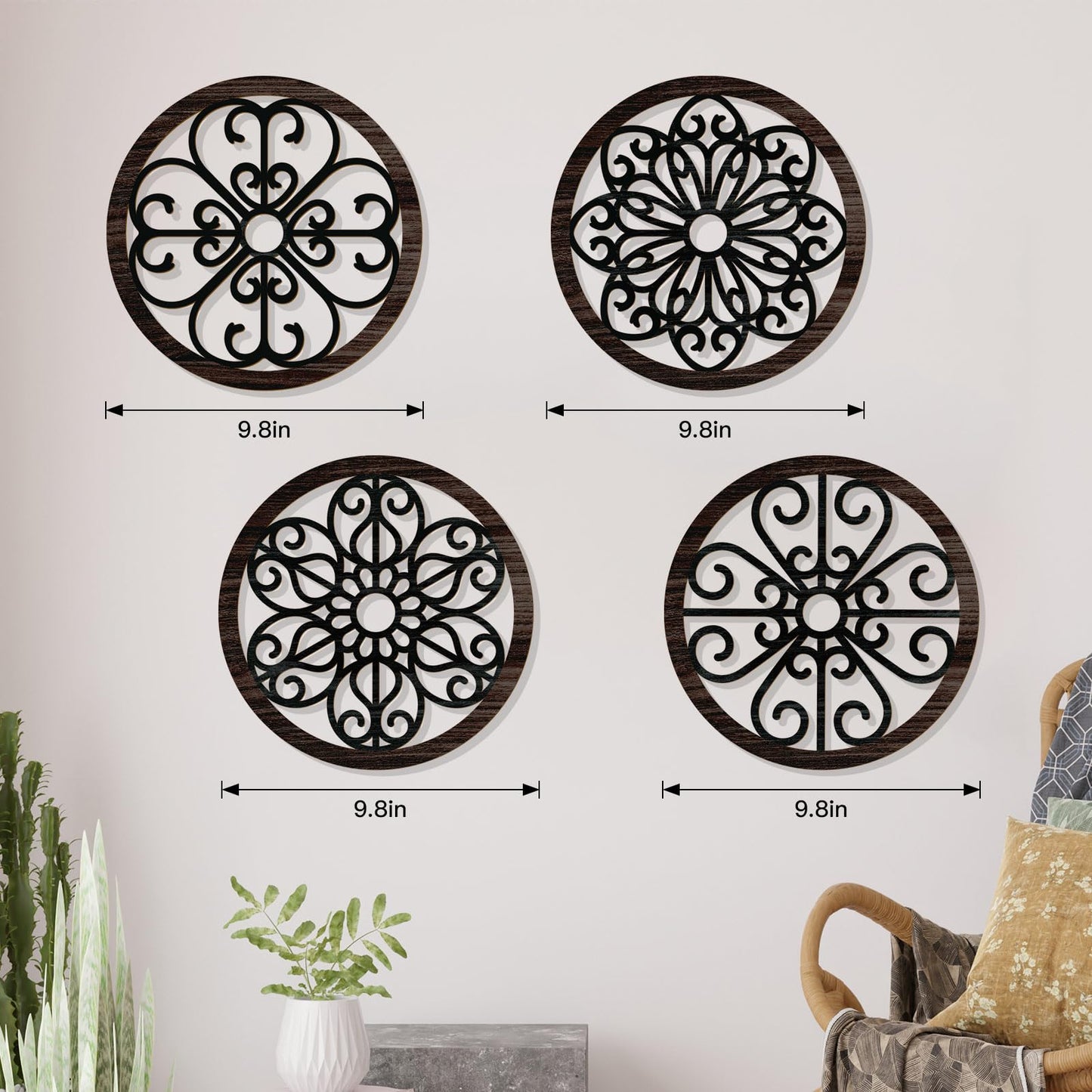 Zzbakress 4 Pcs Wooden Grainy Rustic Wall Art Farmhouse Wall Decor Wooden Exquisite Hollow Pattern Wall Decor Elegant Round Wall Art for Living Room Dinner Room Kitchen Bedroom Hallway (Black, Rustic)