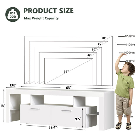 Clikuutory Modern LED 63 inch Long TV Stand with Large Storage Drawer for 50 55 60 65 70 75 Inch TVs, White Wood TV Console with High Glossy Entertainment Center for Living Room, Bedroom, White Clikuutory