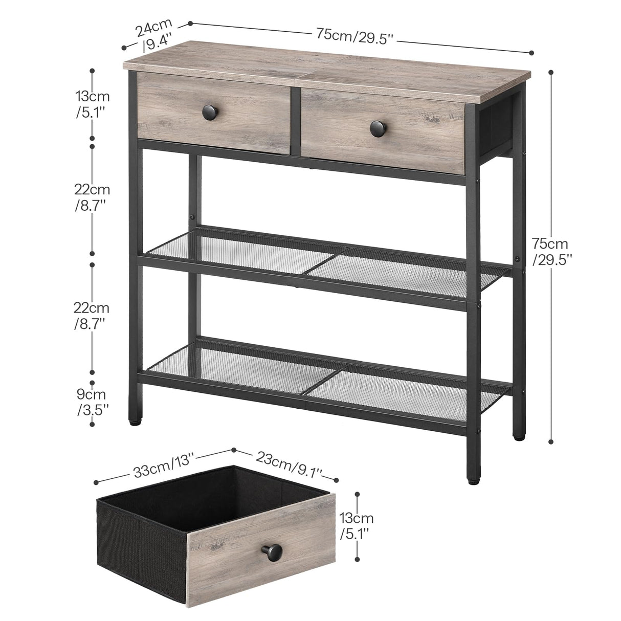 HOOBRO 29.5" Narrow Console Table with 2 Fabric Drawers, Small Entryway Table with 3-Tier Storage Shelves, Thin Sofa Table, Side Table, for Living Room, Hallway, Greige and Black BG72XG01 HOOBRO
