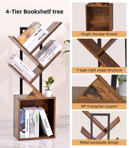 YSVCO Rustic Brown Tree Design 4-Tier Bookshelf for Small Spaces - WoodArtSupply