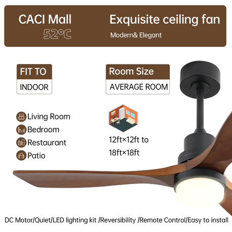 CACI Mall 52" Wood Ceiling Fan with Lights,Walnut,Remote Control, Outdoor，3 Blades, 35w Quiet Reversible DC Motor 18w Dimmable LED 5032 CFM for Living Room, Bedroom, Patio, Porch CACI Mall