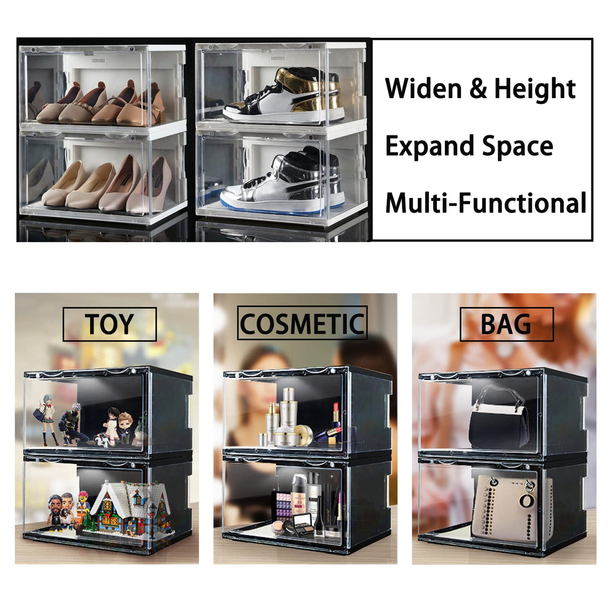 STAHMFOVER 2-Pack LED Sneakers Boxes-Voice Control,Stackable Clear Shoe Display Cases (BLACK) STAHMFOVER