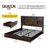 VanAcc Queen Size Wooden Platform Bed Frame with Bookcase Headboard, Storage Drawers, and Charging Station VanAcc