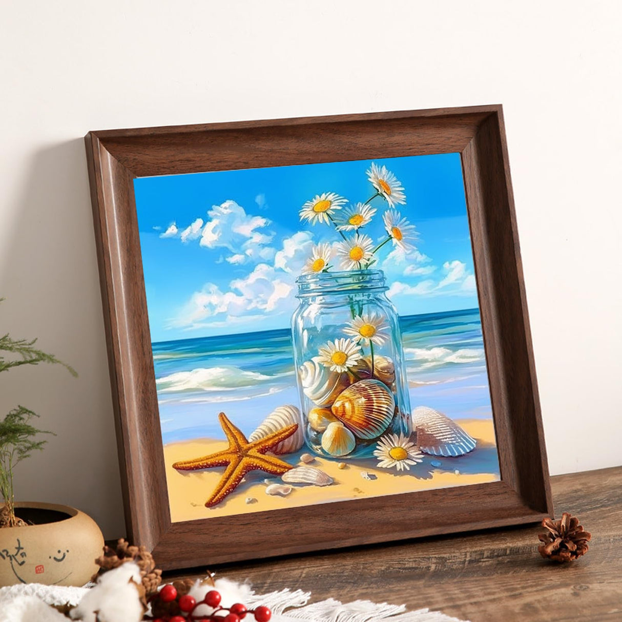Beach Vase Diamond Art Kits for Adults Beginners,Beach Diamond Painting Kit DIY 5D Full Round Drill Daisy Painting with Diamonds Dot Gem Art Crafts for Wall Decor 12x12IN DIYDECORFUN