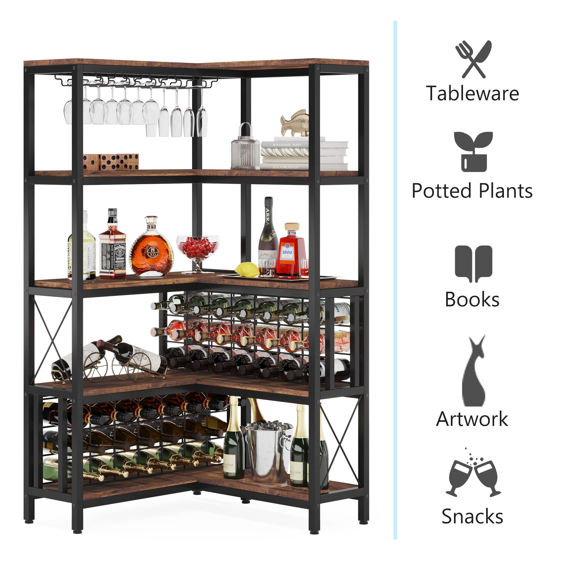 Tribesigns Large Corner Wine Rack, 5-Tier L Shaped Industrial Freestanding Floor Bar Cabinets for Liquor and Glasses Storage, Wooden Wine Bottle Holder Shelf for Home Kitchen (Rustic Brown) - WoodArtSupply