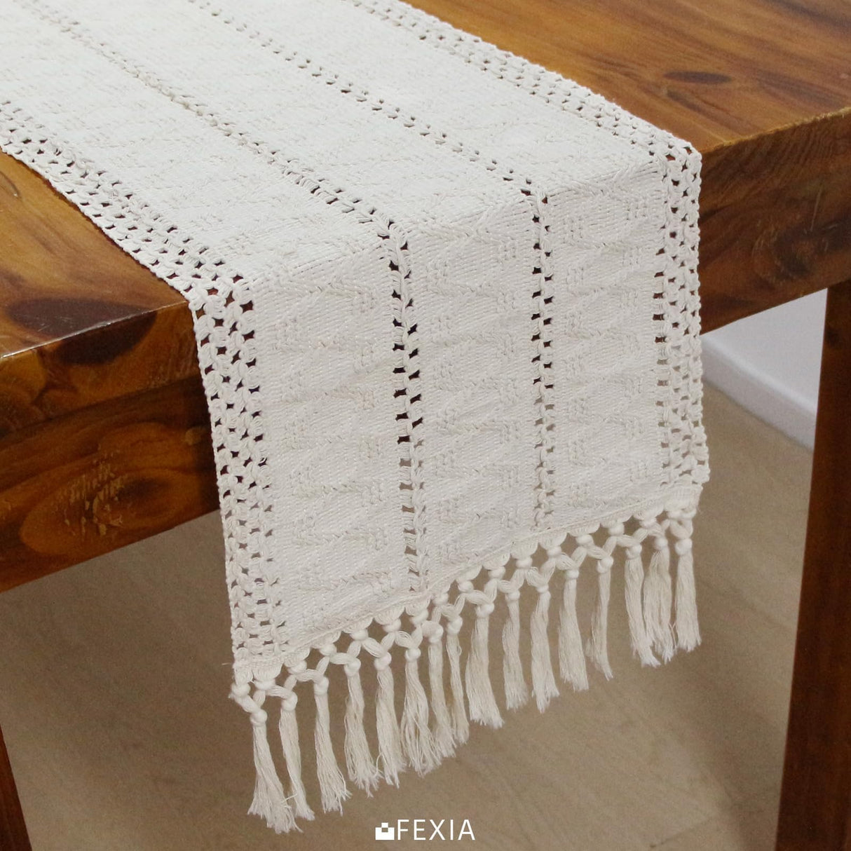 FEXIA Boho Macrame Table Runner with Tassels 36 Inches Long Cream for Farmhouse Home Decor Bohemian Dining Bedroom Decor Rustic Bridal Shower (12x36 Inches) FEXIA