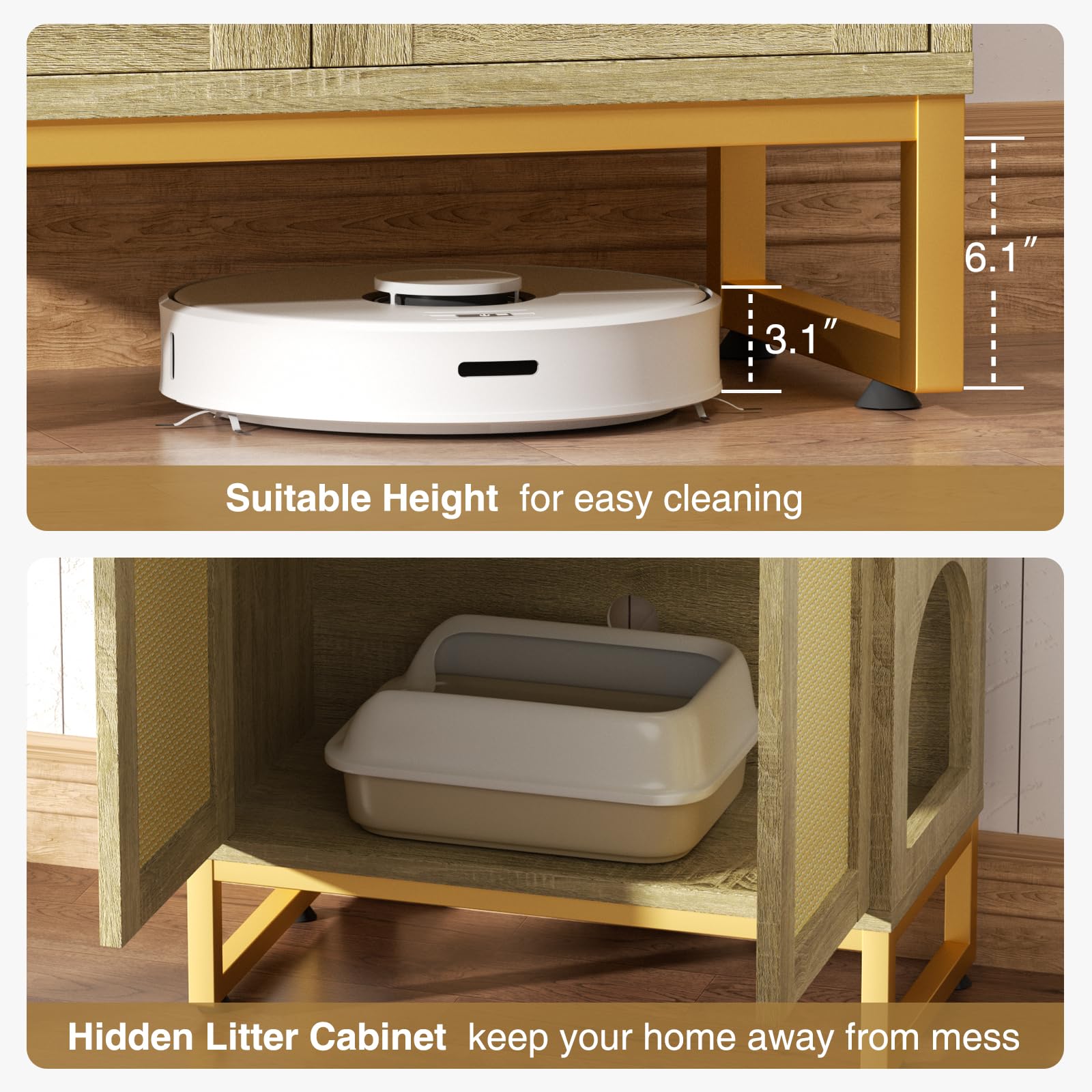 Halitaa Cat Litter Box Enclosure, Hidden Litter Box Furniture with Rattan Door,Cat Washroom Furniture with Metal Frame, Cat House End Table,Natural - WoodArtSupply