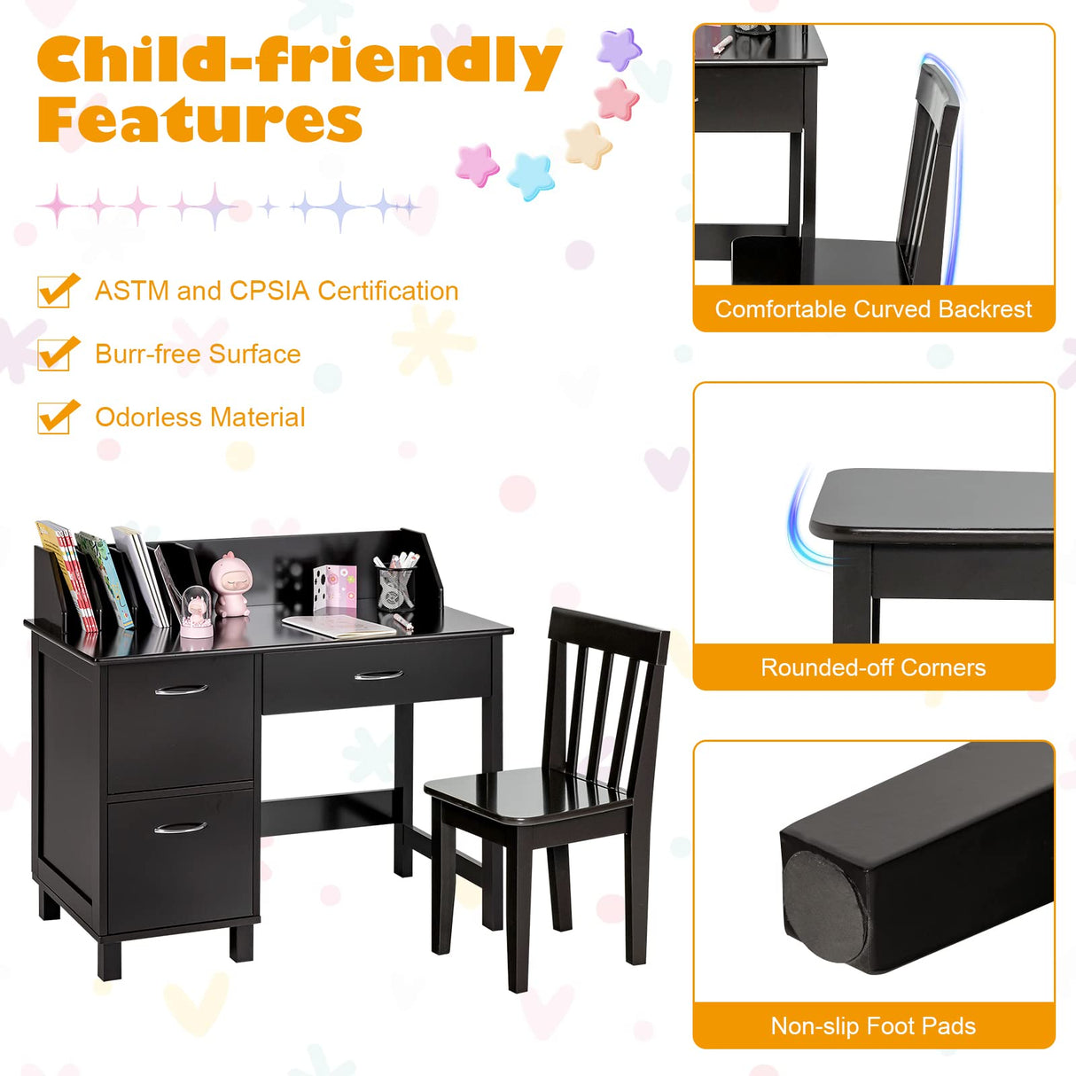 HONEY JOY Kids Desk and Chair Set, Wooden Children School Study Table and Chair w/Drawer, Storage Shelf & Cabinets, Student Computer Workstation Writing Desk for Bedroom, 3-8 Years Old (Dark Brown) HONEY JOY