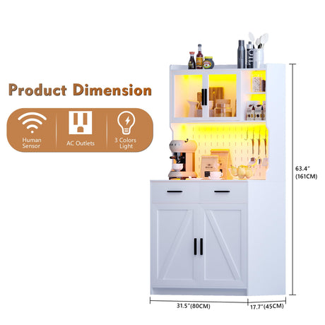 JDPAG LED Kitchen Pantry Cabinet with Outlets, Farmhouse Storage Cabinet with Drawers & Adjustable Shelves, Cupboard with Pegboard and Hooks for Dining Room (White), Large JDPAG