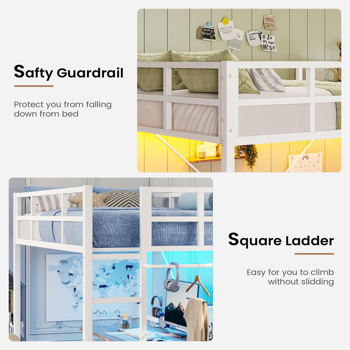 Hasuit Space-Saving Twin Loft Bed with RGB LED Lights and Guardrail, Metal Frame with Clothes Rack Hasuit