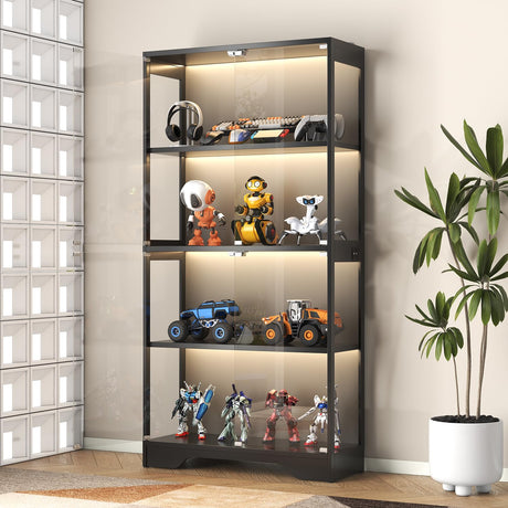 UNIQUITE Black Curio Cabinet with Glass Doors, 63" Display Cabinet with Human Sensor Lights, 4-Tier Display Case for Collectibles Bookcase Living Room UNIQUITE