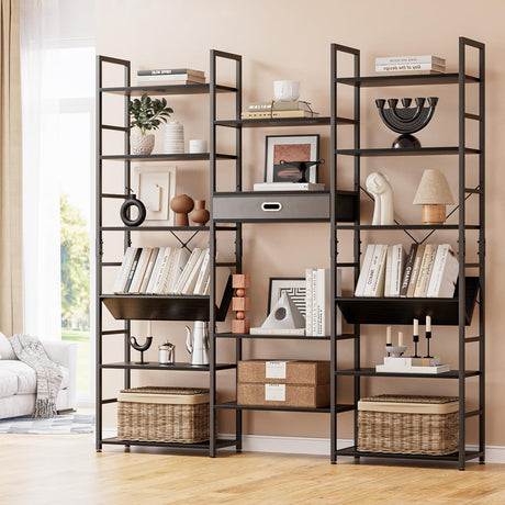NUMENN Bookcases and Bookshelves Triple Wide 6 Tier Bookshelf, Large Etagere Bookshelf with Storage Drawer, Adjustable Open Display Shelves for Living Room Bedroom Home Office, Black NUMENN