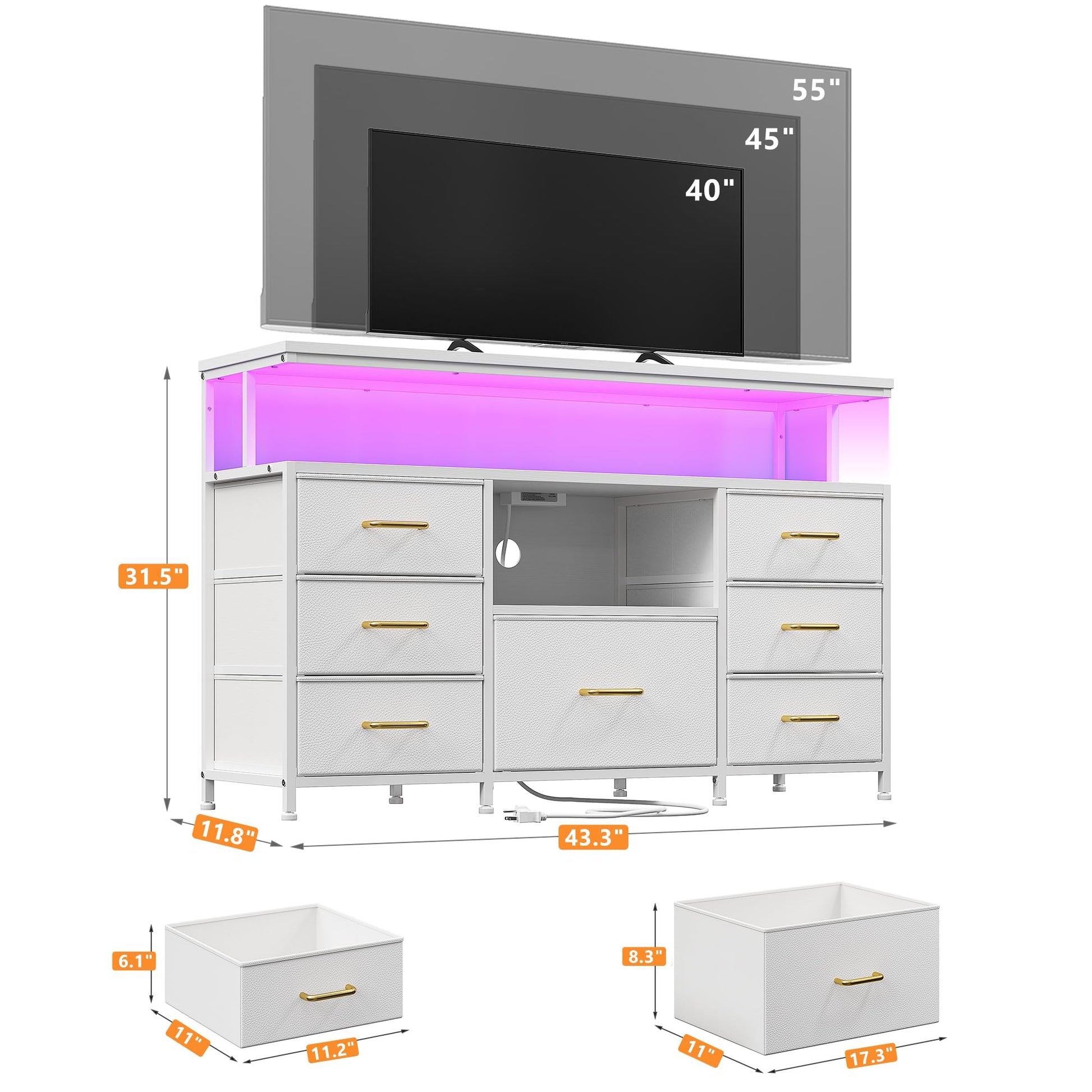 EnHomee Dresser TV Stand for Bedroom with LED Lights & power outlets for 55" TV Stand Dresser for Bedroom Entertainment Center with 7 Fabric Drawers and Wood Shelves for Living Room, White - WoodArtSupply