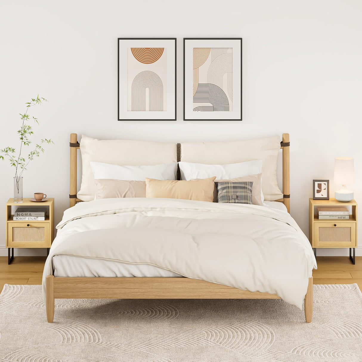 Acodaiuy Rattan Night Stand, Modern Boho Nightstand with Storage Drawer, Wood Bedside Table with Open Shelf, Side End Table for Bedroom,Living Room,Oak Acodaiuy