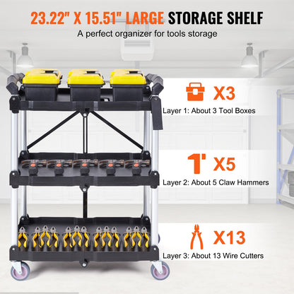 VEVOR Foldable Utility Service Cart, 3 Shelf 165LBS Heavy Duty Plastic Rolling Cart with 360° Swivel Wheels (2 with Brakes), Ergonomic Handle, - WoodArtSupply