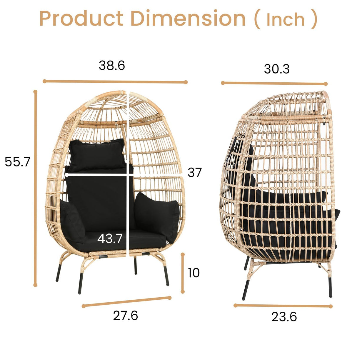 Egg Chair Outdoor Rattan Patio Egg Chair Hand-Woven Oversized Wicker Egg Chair Outdoor Indoor Lounge Chair with Padded Cushions Steel Frame for Living Room Backyard Patio Porch, Black FDW