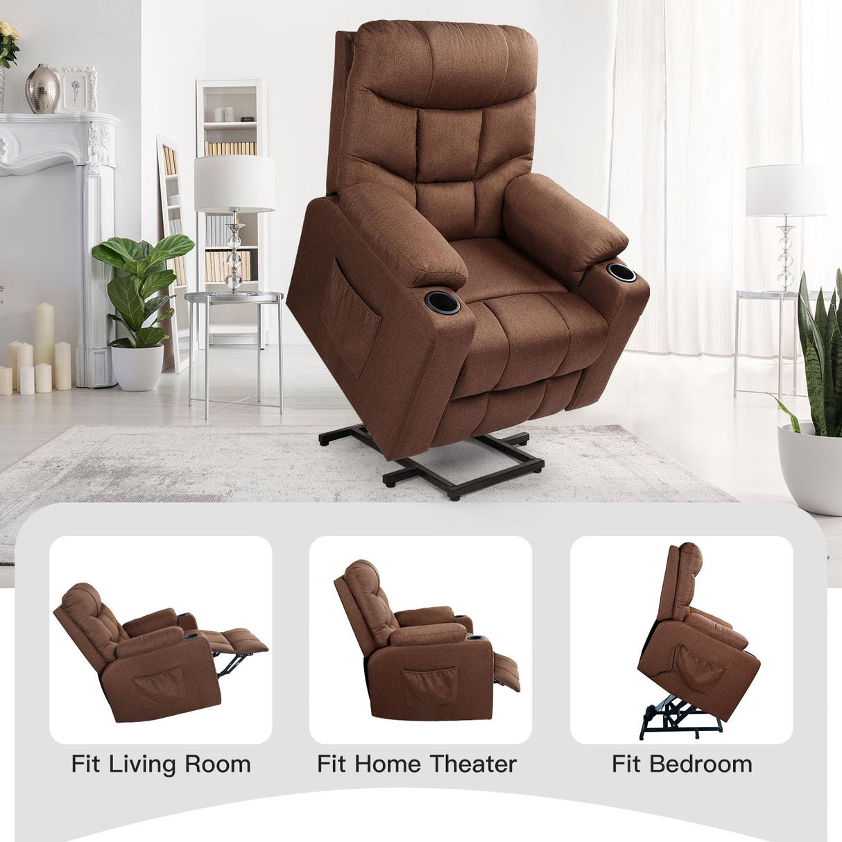 Esright Power Lift Recliner for Elderly, Electric Lift Chair with Heated Vibration Massage,Heavy Duty Electric Recliner with Side Pockets, USB Charge Port & Cup Holders, Brown Esright