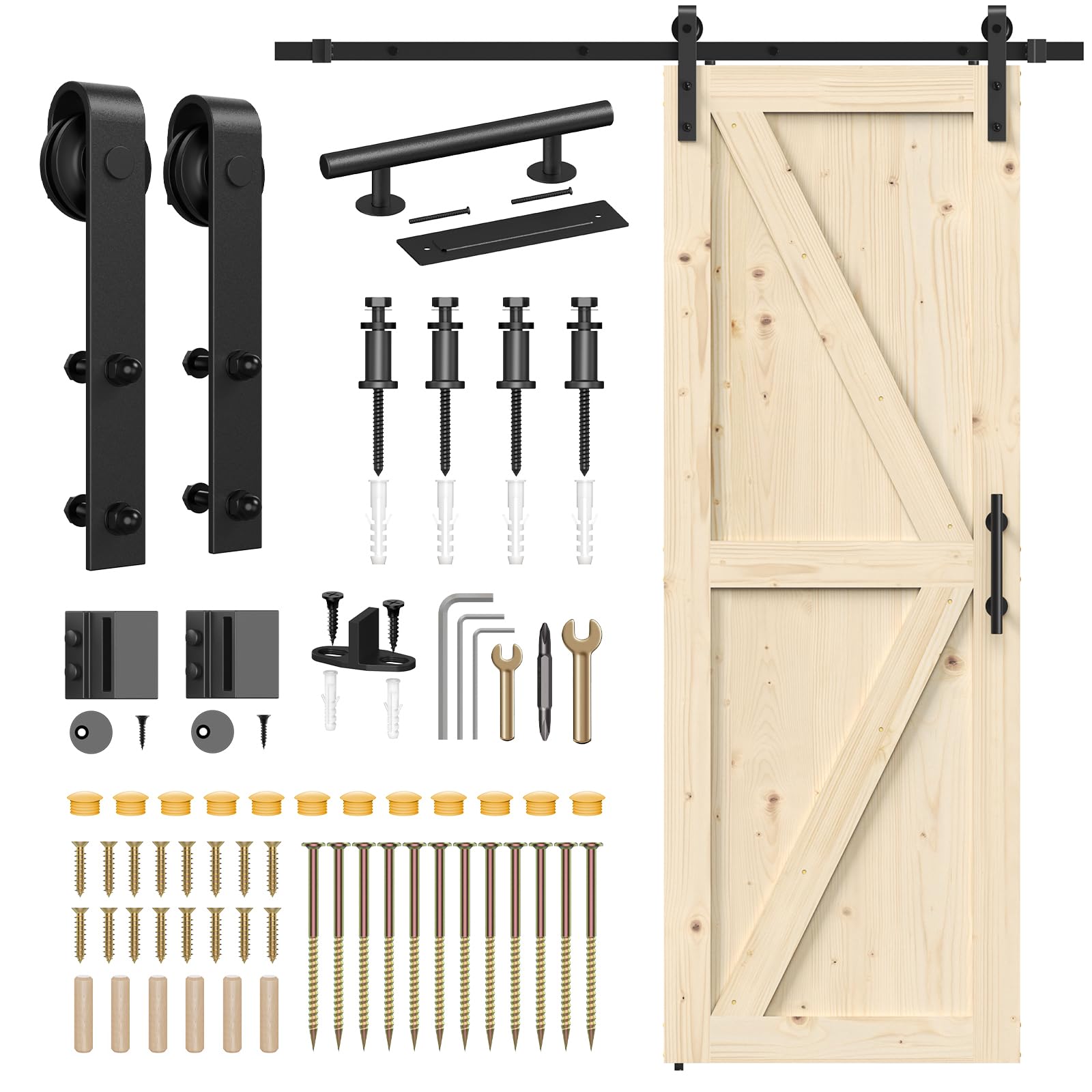 30in x 84in Barn Door Wood, 7FT Sliding Door with Hardware Kit Included, Solid Pine Barn Doors K Shape with Black Barn Door Handle and Floor Guide Need to Assembly - WoodArtSupply