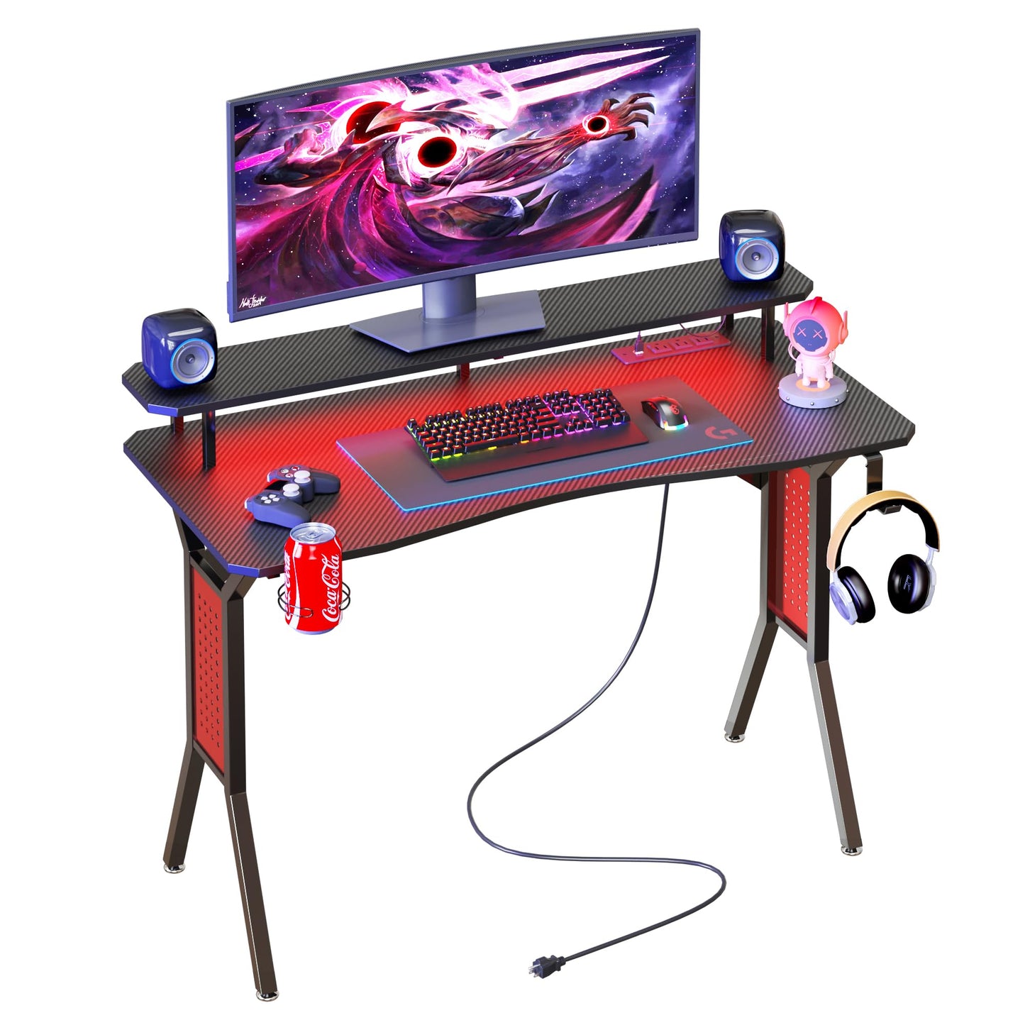 HEEYUE Gaming Desk with Power Outlets & LED Strip Lights,Computer Desk with Large Monitor Stand, Gamer Workstation with Stylish Metal Legs,Headphone Hook&Cup Holder for Home Office - WoodArtSupply