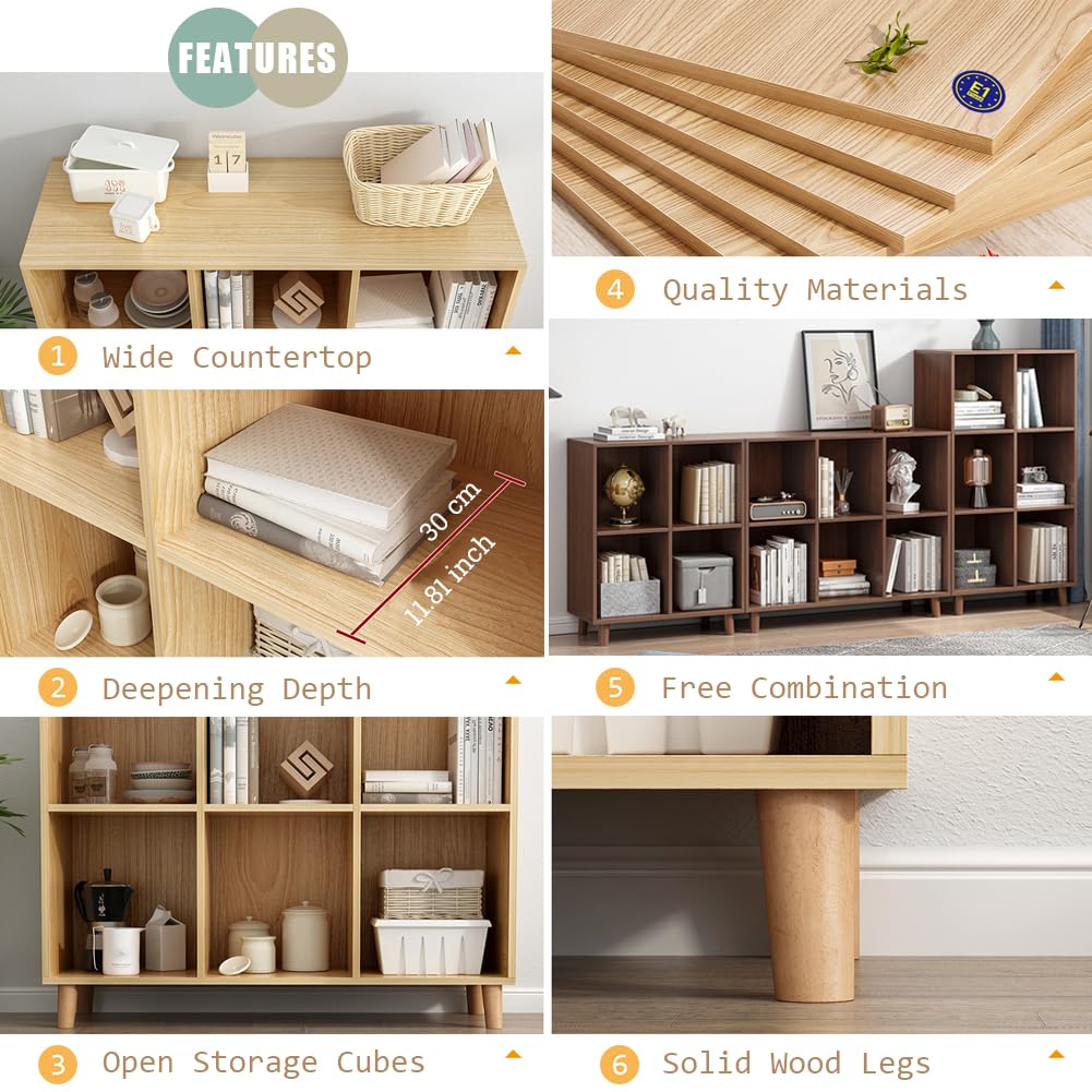 IOTXY Freestanding Open Cubes Bookcase - 2-Tier Floor Standing Wooden Storage Display Cabinet Organizer with Legs for Home Office, 4-Cubes Open Shelf Low Short Bookshelf, Walnut IOTXY