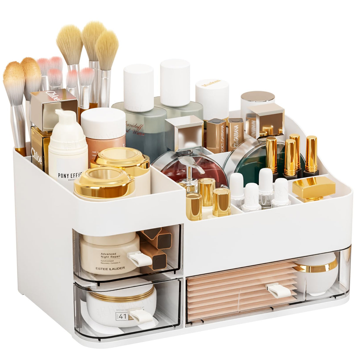 Makeup Organizer with Drawer,Large Capacity Cosmetic Storage Organizer & Makeup Drawer Organizer Suitable Vanity,Bathroom,Countertop and Dresser,White Skincare Organizer for Skin Care,Beauty Products SuoXing