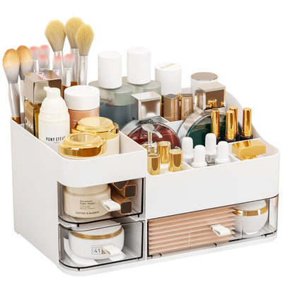 Makeup Organizer with Drawer,Large Capacity Cosmetic Storage Organizer & Makeup Drawer Organizer Suitable Vanity,Bathroom,Countertop and Dresser,White Skincare Organizer for Skin Care,Beauty Products