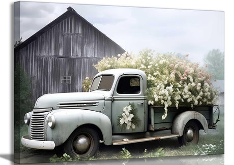Rustic Truck Canvas Wall Art Vintage Farmhouse Sage Green Blush Petunia Painting Picture Wall Decor Country Landscape Poster Print Artwork for Farm Bedroom Office Living Room Home Decoration HSHFKLH