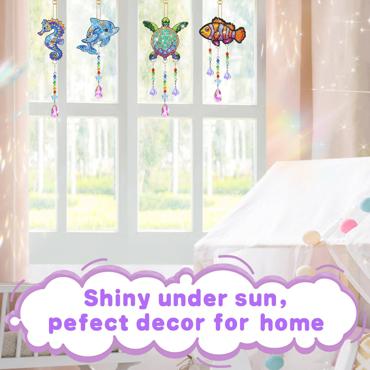 Diamond Art Kits for Kids - Crafts Gifts for Girls 8-12, 4 Pcs Double Sided Sea Animal Style Wind Chime, Hanging Crystal Rhinestone Painting Ornament Beeplove