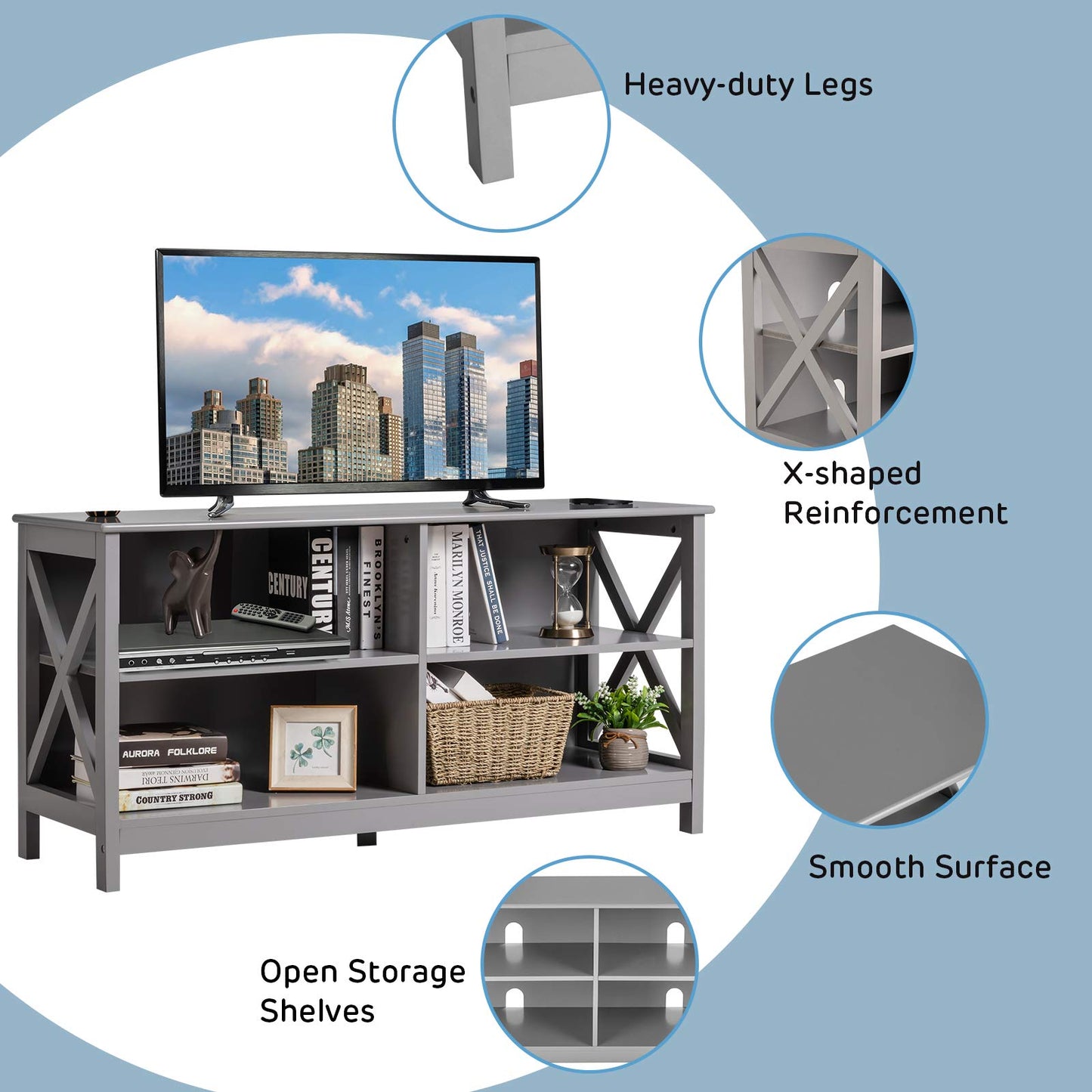 Tangkula TV Stand for TVs up to 55 Inches, 47" Farmhouse Entertainment Center with 4 Open Shelves & Built-in Cable Holes, TV Console Table with X-Shaped Frame for Living Room (Grey) - WoodArtSupply