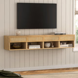 EYYTHUNG Small Rattan Floating Nightstands with Drawer Set of 2, Wall Mounted Night Stand with Open Compartment Modern Wooden Bedside Table Storage Cabinet for Bedroom, Entryway Natural Oak EYYTHUNG