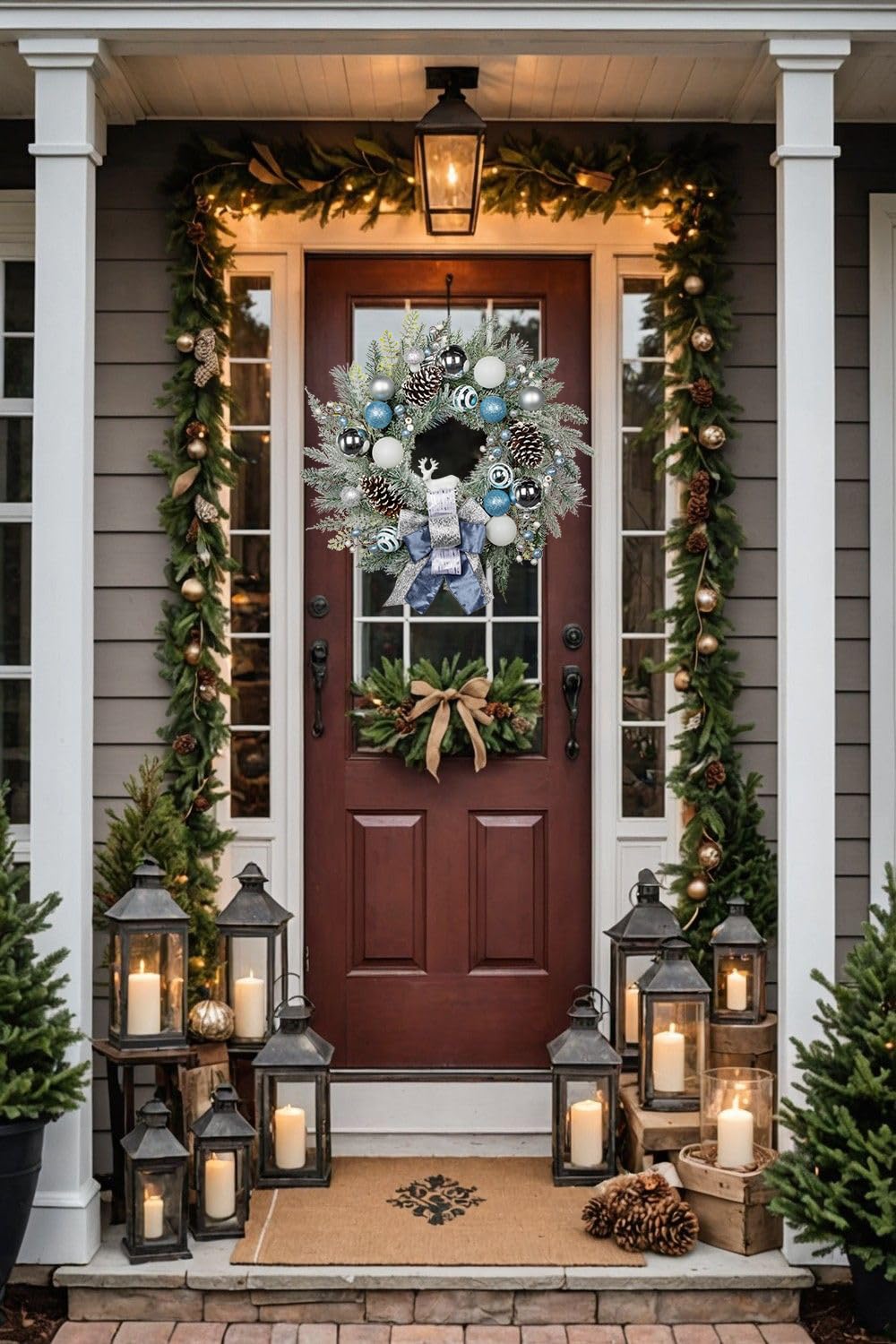 24" Christmas Wreath for Front Door Artificial Unlit Winter Wreath with Pine Cones, Berry Clusters, Blue Ball Ornaments and Ribbon for Thanksgiving Holiday Christmas Decoration