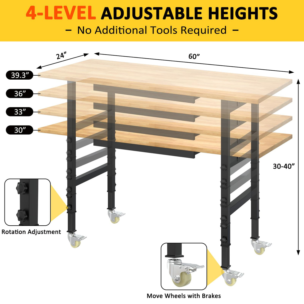 Kieperi 60” Rubberwood Work Bench with Drawers, Heavy Duty Adjustable Workbench with Power Outlet and Wheels, 2000 Lbs Capacity Workstation for Garage Kieperi