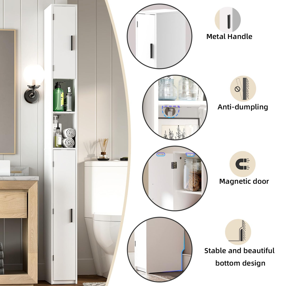 MOHOPE Narrow Bathroom Storage Cabinet - Tall Bathroom Cabinet with 2 Doors and Adjustable Shelves, Open Compartments, Slim Freestanding Cabinet for Small Space and Toilet, White ﻿ MOHOPE