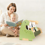 SheSeek Toddler Bookshelf Double-Sided with 4 Tier Deep Sleeves Kids Wooden Montessori Book Rack for Baby Nursery Room, Playroom, Classroom or Bedroom Bookcase Storage Organizer, Green Dinosaur SheSeek