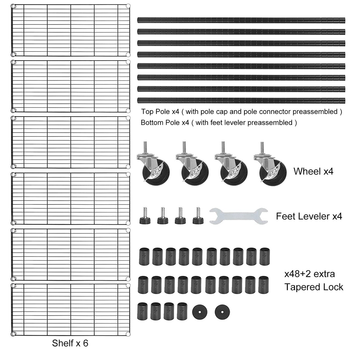 Storage Shelves 6-Tier Wire Shelving Unit Garage Shelving with Wheels 2100LBS Capacity,18" D x 48" W x 78" H Metal Shelves Storage Rack Heavy Duty Shelving for Garage Kitchen Pantry,Black Capacmkseh